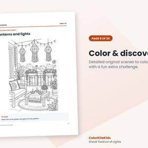 May include: A black and white coloring page titled Lanterns and lights, featuring a balcony scene with hanging lanterns, a sofa, a table with small lamps, and potted plants. The text Color & discover and Page 9 of 20 are visible.
