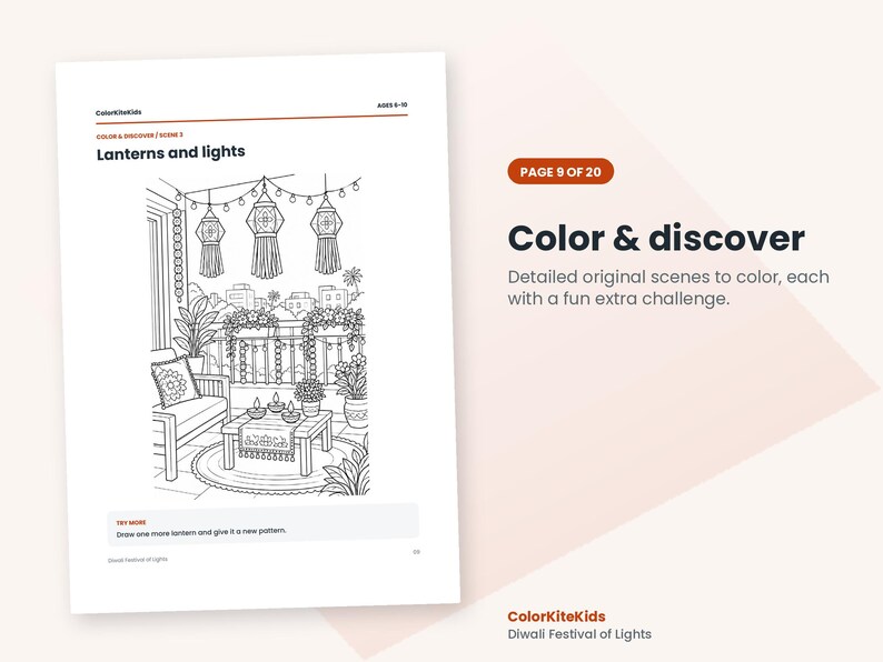 May include: A black and white coloring page titled Lanterns and lights, featuring a balcony scene with hanging lanterns, a sofa, a table with small lamps, and potted plants. The text Color & discover and Page 9 of 20 are visible.