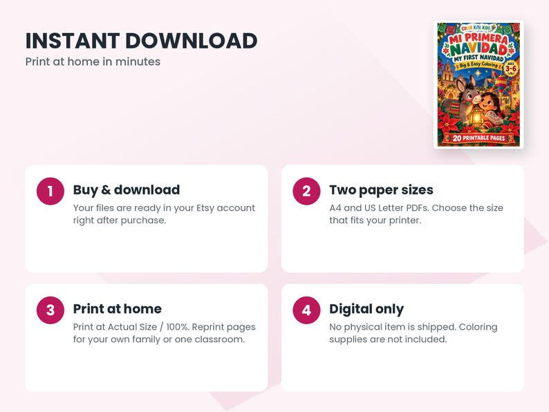 May include: A digital coloring book titled Mi Primera Navidad featuring a donkey and a child on the cover. The image includes four instructional steps for an instant download, detailing the process of buying, printing A4 or US Letter PDFs.