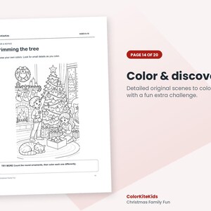 May include: A black and white coloring page titled Trimming the tree, featuring two children decorating a Christmas tree by a fireplace, with a cat nearby. The page includes the text Color & discover, Page 14 of 20, and ColorKiteKids.