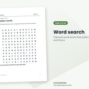 May include: A white activity sheet titled Hidden words with a word search grid containing letters and a list of words at the bottom including LEAF, RAIN, SEED, POND, BIRD, CLOUD, TREE, and ROOT. The page is labeled ColorKiteKids and AGES 9-10.