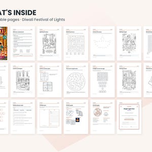 May include: A digital activity book titled Diwali Festival of Lights containing 20 printable pages. The collection features black and white worksheets including coloring pages, word searches, mazes, and puzzles with themes related to the festival.