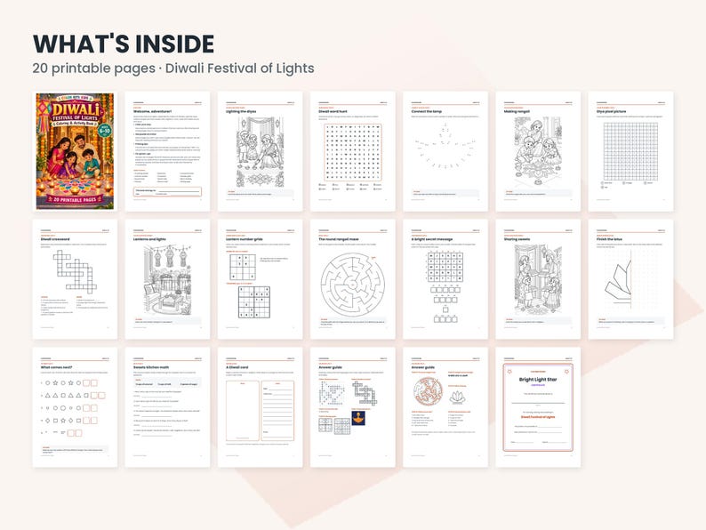 May include: A digital activity book titled Diwali Festival of Lights containing 20 printable pages. The collection features black and white worksheets including coloring pages, word searches, mazes, and puzzles with themes related to the festival.