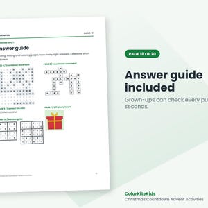 May include: A printed answer guide page for children's activities titled ColorKiteKids. The document features a word hunt, a crossword puzzle, number grids, and a pixel art gift illustration, with text instructions for grown-ups.