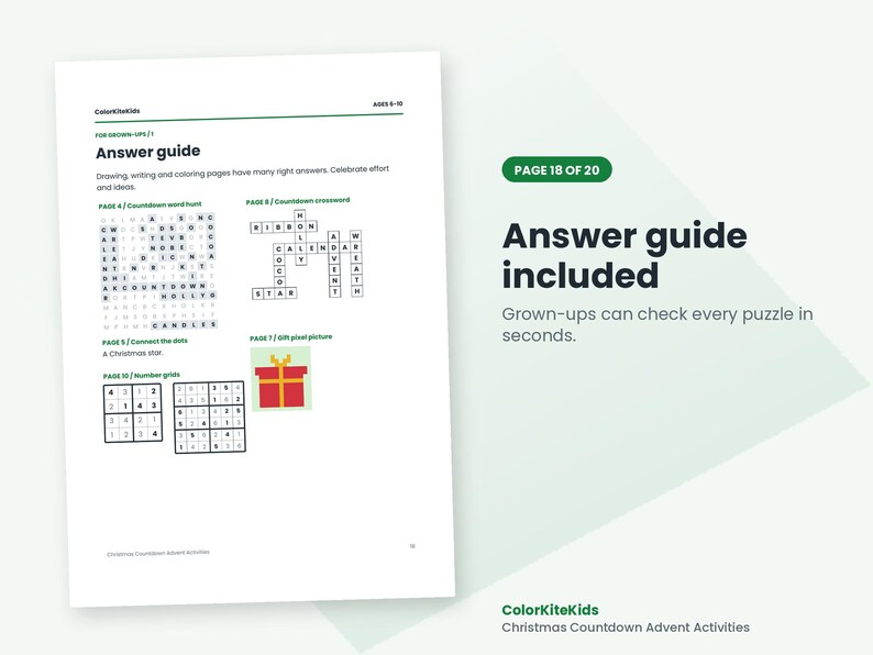 May include: A printed answer guide page for children's activities titled ColorKiteKids. The document features a word hunt, a crossword puzzle, number grids, and a pixel art gift illustration, with text instructions for grown-ups.