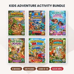 May include: A bundle of six colouring and activity books titled Kids Adventure Activity Bundle. The books feature colourful illustrations of dinosaurs, robots, mermaids, fairies, construction vehicles, and forest animals, each with 20 printable pages.