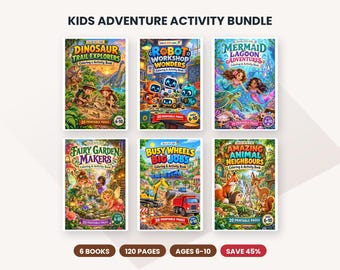 Peut inclure: Un ensemble de six livres de coloriage et d'activités intitulé Kids Adventure Activity Bundle. Les livres présentent des illustrations colorées de dinosaures, robots, sirènes, fées, engins de chantier et animaux de la forêt, avec 20 pages chacun.