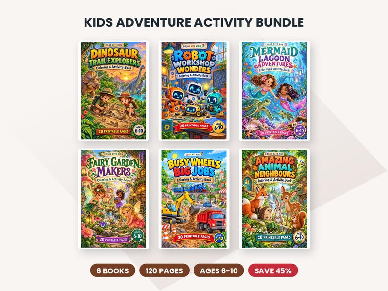 May include: A bundle of six colouring and activity books titled Kids Adventure Activity Bundle. The books feature colourful illustrations of dinosaurs, robots, mermaids, fairies, construction vehicles, and forest animals, each with 20 printable pages.