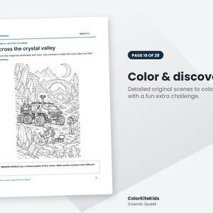 May include: A coloring book page titled Across the crystal valley featuring a line art illustration of a space rover and two astronauts exploring a rocky landscape with large crystals, a crescent moon, and a mission bonus text box.