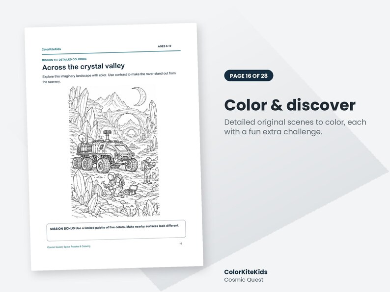 May include: A coloring book page titled Across the crystal valley featuring a line art illustration of a space rover and two astronauts exploring a rocky landscape with large crystals, a crescent moon, and a mission bonus text box.