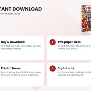 May include: A digital coloring and activity book titled Christmas Family Fun with 20 printable pages. The instructional graphic outlines four steps for an instant download, including buying, choosing between A4 or US Letter sizes, printing at home, and noting that this is a digital-only product with no physical items shipped.