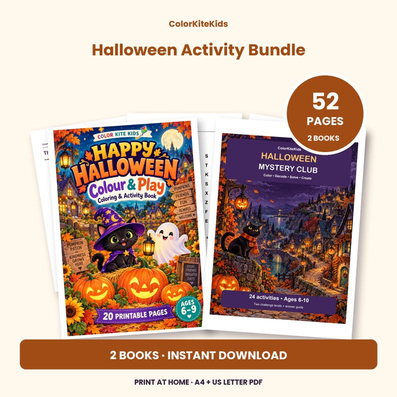 May include: A Halloween activity bundle featuring two printable books with 52 pages total. The first book is titled Happy Halloween Colour & Play, and the second is Halloween Mystery Club. Includes text for ages 6-9 and 6-10, plus instant download.