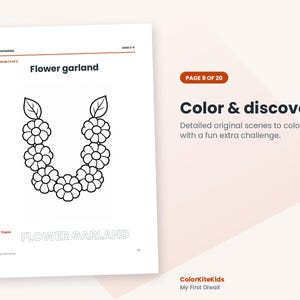 May include: A coloring page titled Flower garland featuring a black and white line drawing of a floral wreath with leaves. The page includes the text Color & discover, Page 8 of 20, and a dotted outline of the words FLOWER GARLAND.