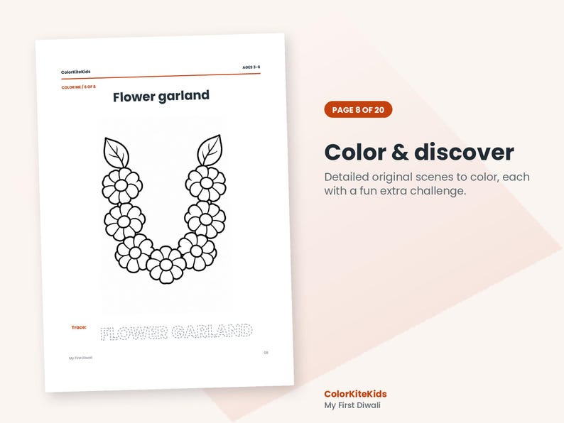 May include: A coloring page titled Flower garland featuring a black and white line drawing of a floral wreath with leaves. The page includes the text Color & discover, Page 8 of 20, and a dotted outline of the words FLOWER GARLAND.
