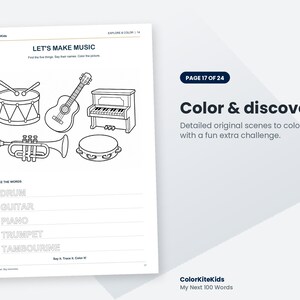 Pode incluir: Uma p&aacute;gina de colorir intitulada LET'S MAKE MUSIC com desenhos de linha de um tambor, guitarra, piano, trompete e pandeiro. Abaixo das ilustra&ccedil;&otilde;es, o texto TRACE THE WORDS lista os nomes para praticar a escrita.