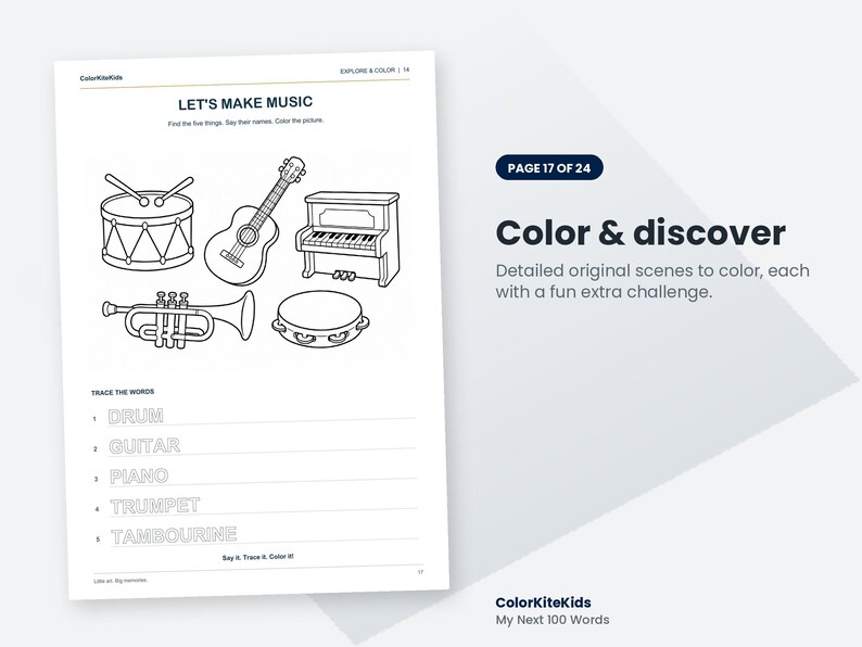 Pode incluir: Uma p&aacute;gina de colorir intitulada LET'S MAKE MUSIC com desenhos de linha de um tambor, guitarra, piano, trompete e pandeiro. Abaixo das ilustra&ccedil;&otilde;es, o texto TRACE THE WORDS lista os nomes para praticar a escrita.