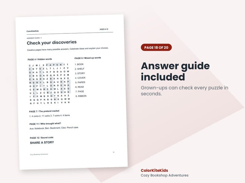 May include: A white document titled Answer guide with black text featuring a word search puzzle, lists of mixed-up words, and solutions for various activities. The page includes the text ColorKiteKids, Ages 5-10, and Page 18 of 20.