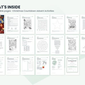 May include: A digital collection of 20 printable pages titled Christmas Countdown Advent Activities, featuring various black and white worksheets, coloring pages, mazes, word searches, and a certificate for a Christmas Countdown Champion.