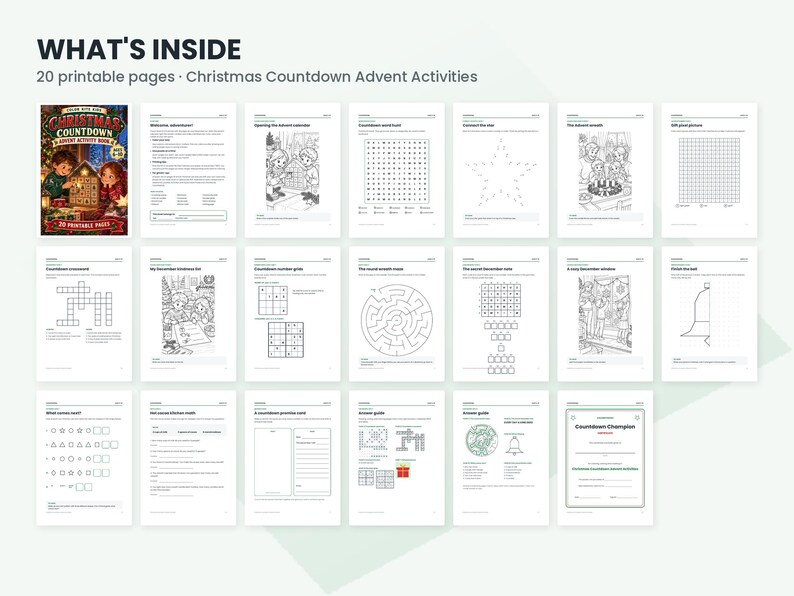 May include: A digital collection of 20 printable pages titled Christmas Countdown Advent Activities, featuring various black and white worksheets, coloring pages, mazes, word searches, and a certificate for a Christmas Countdown Champion.