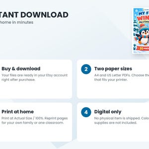 May include: A digital coloring book cover titled My First Winter featuring a cartoon penguin and polar bear in winter gear. The graphic includes text indicating 20 printable pages for ages 3-6, with instructions for instant download and printing.