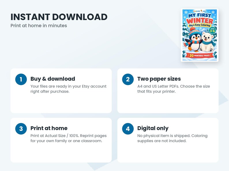 May include: A digital coloring book cover titled My First Winter featuring a cartoon penguin and polar bear in winter gear. The graphic includes text indicating 20 printable pages for ages 3-6, with instructions for instant download and printing.