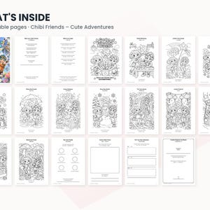 Op de afbeelding: Een digitale collectie van 20 printbare kleurplaten getiteld Chibi Friends - Cute Adventures. De set bevat een kleurrijke voorpagina en 19 zwart-wit lijntekeningen met chibi-personages in verschillende omgevingen, plus activiteiten- en certificaatpagina's.