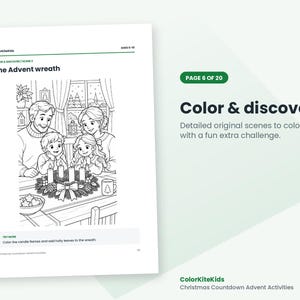 May include: A black and white coloring page titled The Advent wreath from ColorKiteKids. The illustration features a family gathered around a table with an Advent wreath, four candles, a bowl of cookies, and a mug. Text includes ColorKiteKids, Ages 6-10, and Color & discover.