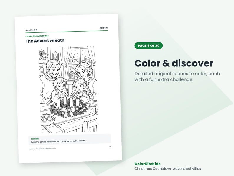 May include: A black and white coloring page titled The Advent wreath from ColorKiteKids. The illustration features a family gathered around a table with an Advent wreath, four candles, a bowl of cookies, and a mug. Text includes ColorKiteKids, Ages 6-10, and Color & discover.