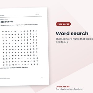 May include: A white activity sheet titled Hidden words with a grid of black letters for a word search puzzle. The page includes the text ColorKiteKids, AGES 8-10, WORD SEARCH / LEVEL 7, and a list of words to find: HELP, TEAM, KIND, SHARE, BRAVE, CARE, PLAN, HERO.