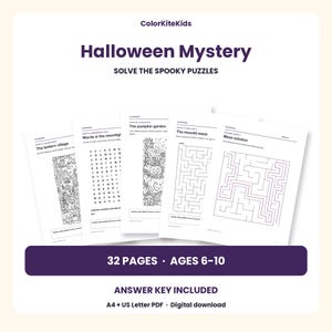 May include: A 32-page Halloween Mystery activity book for ages 6-10, featuring black and white printable pages with puzzles, mazes, and coloring designs. Includes text such as ColorKiteKids, Halloween Mystery, and Solve the Spooky Puzzles.