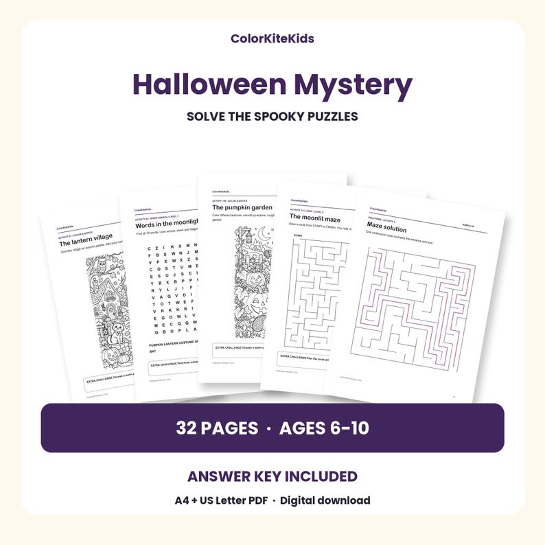 May include: A 32-page Halloween Mystery activity book for ages 6-10, featuring black and white printable pages with puzzles, mazes, and coloring designs. Includes text such as ColorKiteKids, Halloween Mystery, and Solve the Spooky Puzzles.