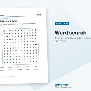 May include: A printable activity sheet titled Winter word hunt with a grid of letters for a word search puzzle. Below the grid are checkboxes for words including Winter, Skates, Frost, Cocoa, Igloo, Mittens, Owl, Pine, Fox, and Icicle. The page includes the text ColorKiteKids and Ages 6-10.