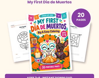 Peut inclure: Un livre de coloriage imprimable intitulé My First Día de Muertos comprenant 20 pages pour les 3-6 ans. La couverture montre un personnage de crâne en sucre et un petit chien avec des œillets d'Inde, une bougie et du pain. Inclut deux pages d'exemple.