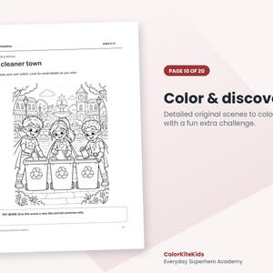 May include: A black and white coloring page titled A cleaner town featuring three children dressed as superheroes placing items into recycling bins. The page includes the text ColorKiteKids, AGES 6-10, and a prompt to give the scene a new title.