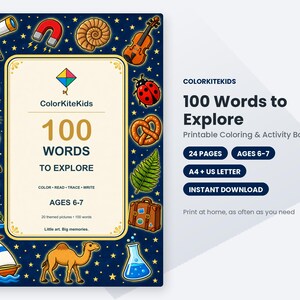 May include: A rectangular colouring and activity book titled 100 Words to Explore by ColorKiteKids. The cover features a dark blue background with gold stars and illustrations of a telescope, magnet, shell, violin, ladybug, pretzel, fern, suitcase, camel, sailboat, lighthouse, otter, acorn, and a beaker.