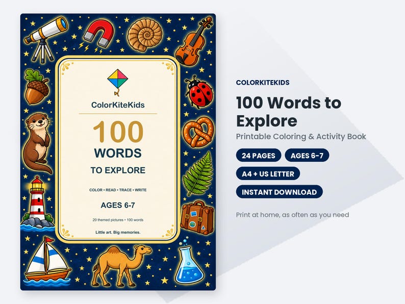 May include: A rectangular colouring and activity book titled 100 Words to Explore by ColorKiteKids. The cover features a dark blue background with gold stars and illustrations of a telescope, magnet, shell, violin, ladybug, pretzel, fern, suitcase, camel, sailboat, lighthouse, otter, acorn, and a beaker.