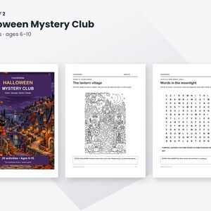 May include: A 32-page activity book titled Halloween Mystery Club for ages 6-10. The cover features a black cat and a pumpkin-lit village. Interior pages include a black and white coloring page of a village and a word search puzzle.