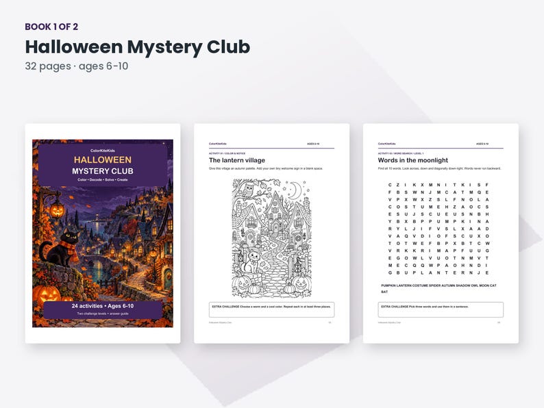 May include: A 32-page activity book titled Halloween Mystery Club for ages 6-10. The cover features a black cat and a pumpkin-lit village. Interior pages include a black and white coloring page of a village and a word search puzzle.