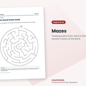 May include: A white activity page titled The round snow maze with black lines forming a circular puzzle. Text includes ColorKiteKids, ages 6-10, instructions to find the path to the snowman, and a tip to trace with a finger first.