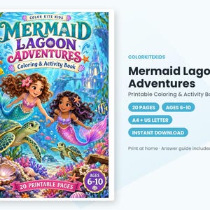 May include: A Mermaid Lagoon Adventures coloring and activity book featuring two mermaids, two sea turtles, and coral reef elements. The cover text reads Color Kite Kids, Mermaid Lagoon Adventures, Coloring & Activity Book, 20 Printable Pages, Ages 6-10.