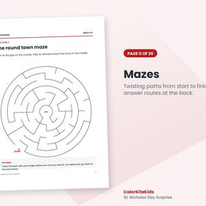May include: A white activity sheet titled The round town maze with black lines forming a circular puzzle. Text includes ColorKiteKids, Ages 6-10, Maze Level 3, Start, End, and instructions to help St. Nicholas reach the boots in the middle.