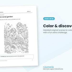 May include: A coloring page titled The coral garden featuring two mermaids and a sea turtle in an underwater scene. The page includes the text ColorKiteKids, AGES 6-10, and a challenge box that reads TRY MORE Use a warm color and a cool color in three places each.