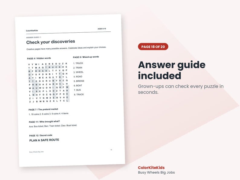 May include: A white activity book page titled Check your discoveries with an answer guide for puzzles including hidden words, mixed-up words, and secret codes. The text includes page numbers and lists solutions for various tasks like the pretend market.