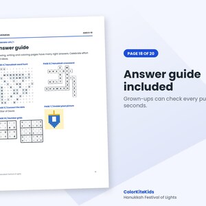 May include: A white page titled Answer guide from ColorKiteKids for ages 6-10. It displays solutions for a Hanukkah word hunt, crossword, connect the dots, number grids, and a dreidel pixel picture. The text reads Page 18 of 20.