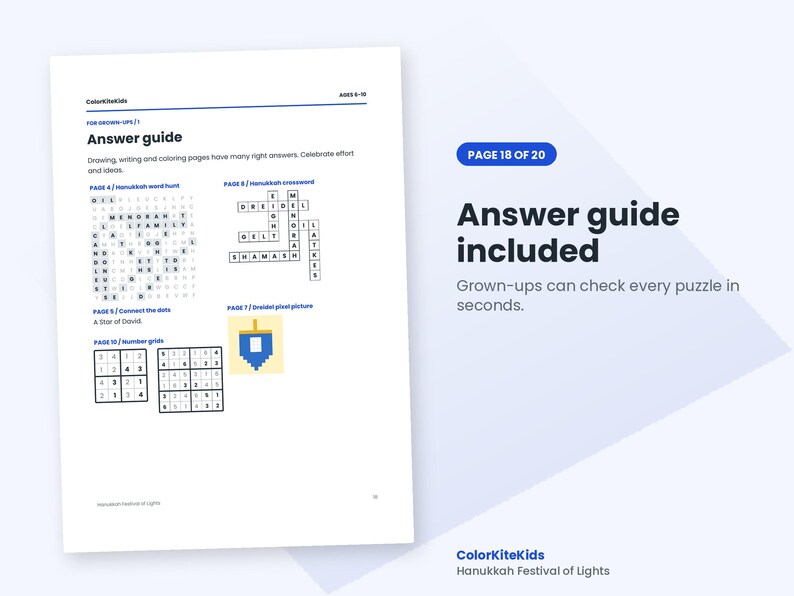 May include: A white page titled Answer guide from ColorKiteKids for ages 6-10. It displays solutions for a Hanukkah word hunt, crossword, connect the dots, number grids, and a dreidel pixel picture. The text reads Page 18 of 20.