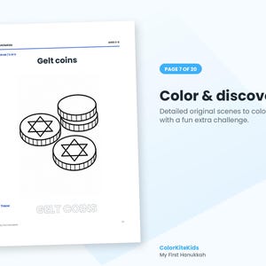 May include: A coloring page titled Gelt coins featuring a stack of three circular coins with Star of David symbols. The page includes the text ColorKiteKids, Ages 3-5, Color me, and a dotted font section to trace the words GELT COINS.