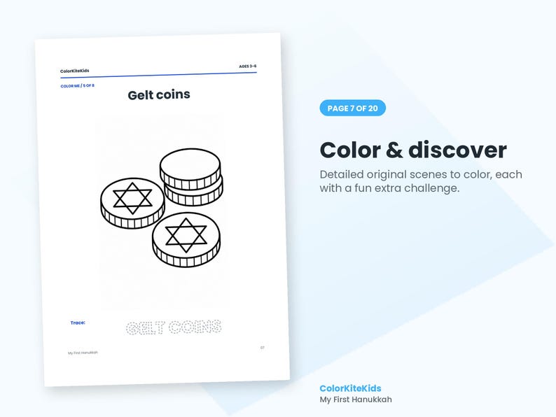 May include: A coloring page titled Gelt coins featuring a stack of three circular coins with Star of David symbols. The page includes the text ColorKiteKids, Ages 3-5, Color me, and a dotted font section to trace the words GELT COINS.