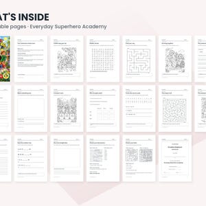 May include: A digital activity book titled Everyday Superhero Academy featuring 20 printable pages. The collection includes black and white worksheets with mazes, word searches, coloring activities, and writing prompts for children.