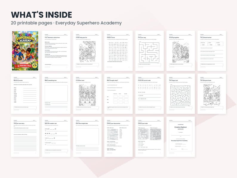 May include: A digital activity book titled Everyday Superhero Academy featuring 20 printable pages. The collection includes black and white worksheets with mazes, word searches, coloring activities, and writing prompts for children.