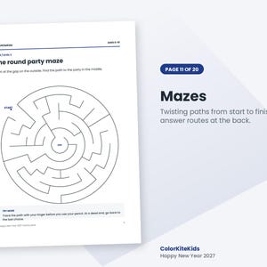 May include: A white activity page titled The round party maze with a circular maze graphic. The text includes ColorKiteKids, Ages 6-10, Maze Level 2, Start, End, and instructions to trace the path. The page is labeled Page 11 of 20.